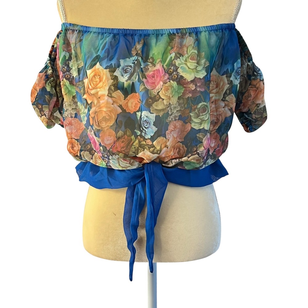 Floral Chiffon Off Shoulder Crop Top Tie Front Blouse Summer Boho Women's XS - Picture 16 of 16